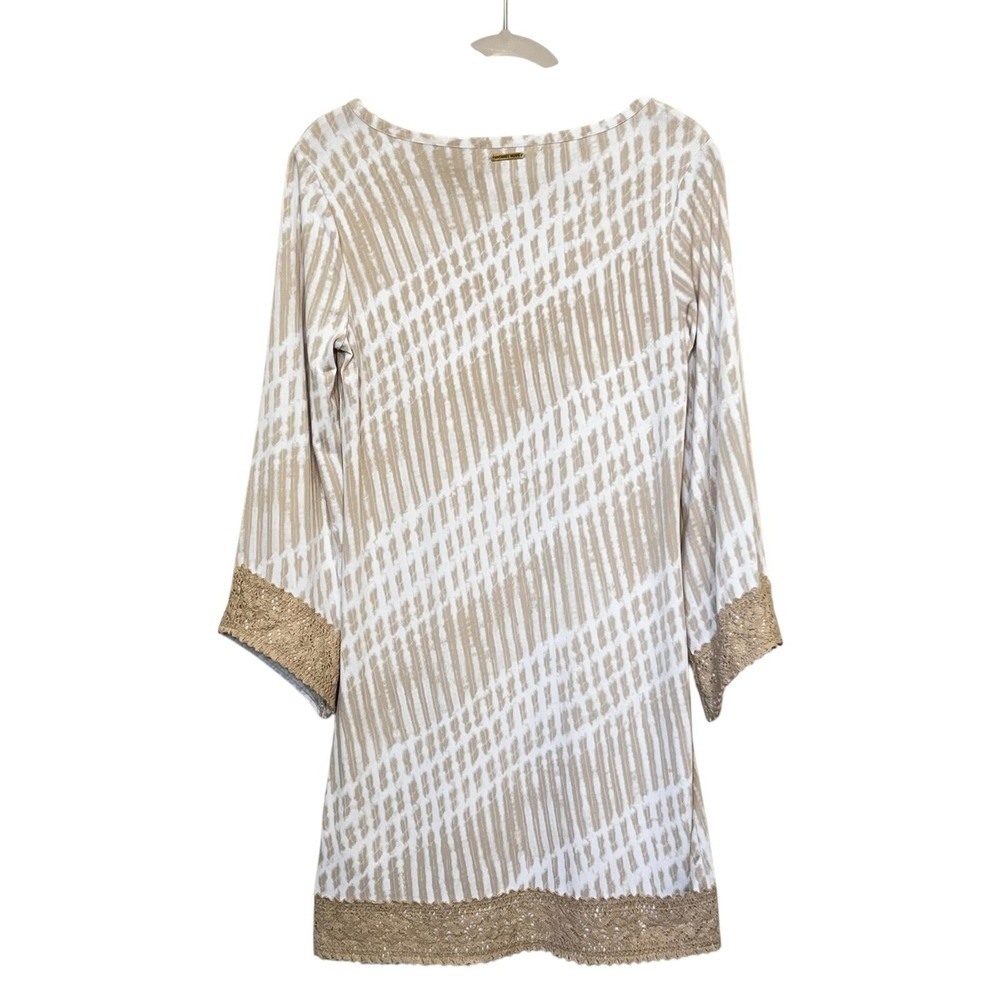 Michael Kors Dress Womens Small Beige White Tie Dye Crochet Trim Boho 3/4 Sleeve - Picture 3 of 11